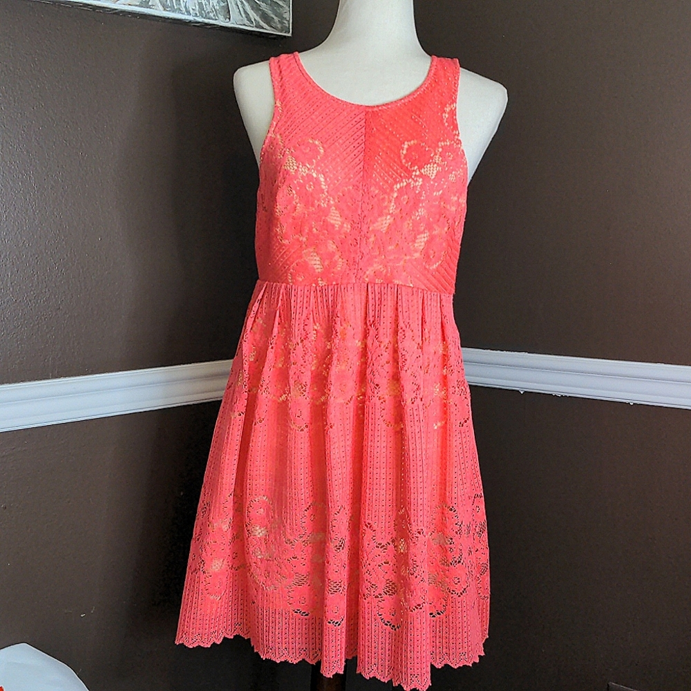 Free People Rocco pink crochet lace sleeveless fit & flare dress size 6 … - Picture 2 of 10